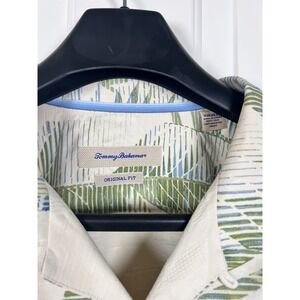 Tommy Bahama Mens XXL Silk Palm Leaf Print Camp Shirt Cream Green Original Fit